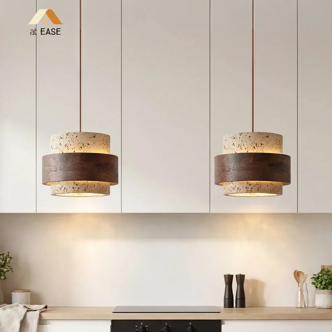 Natural Stone Hanging Fixture with Walnut Accent & Adjustable 59-Inch Cord for Dining Table, Kitchen Counter & Modern Living Spaces