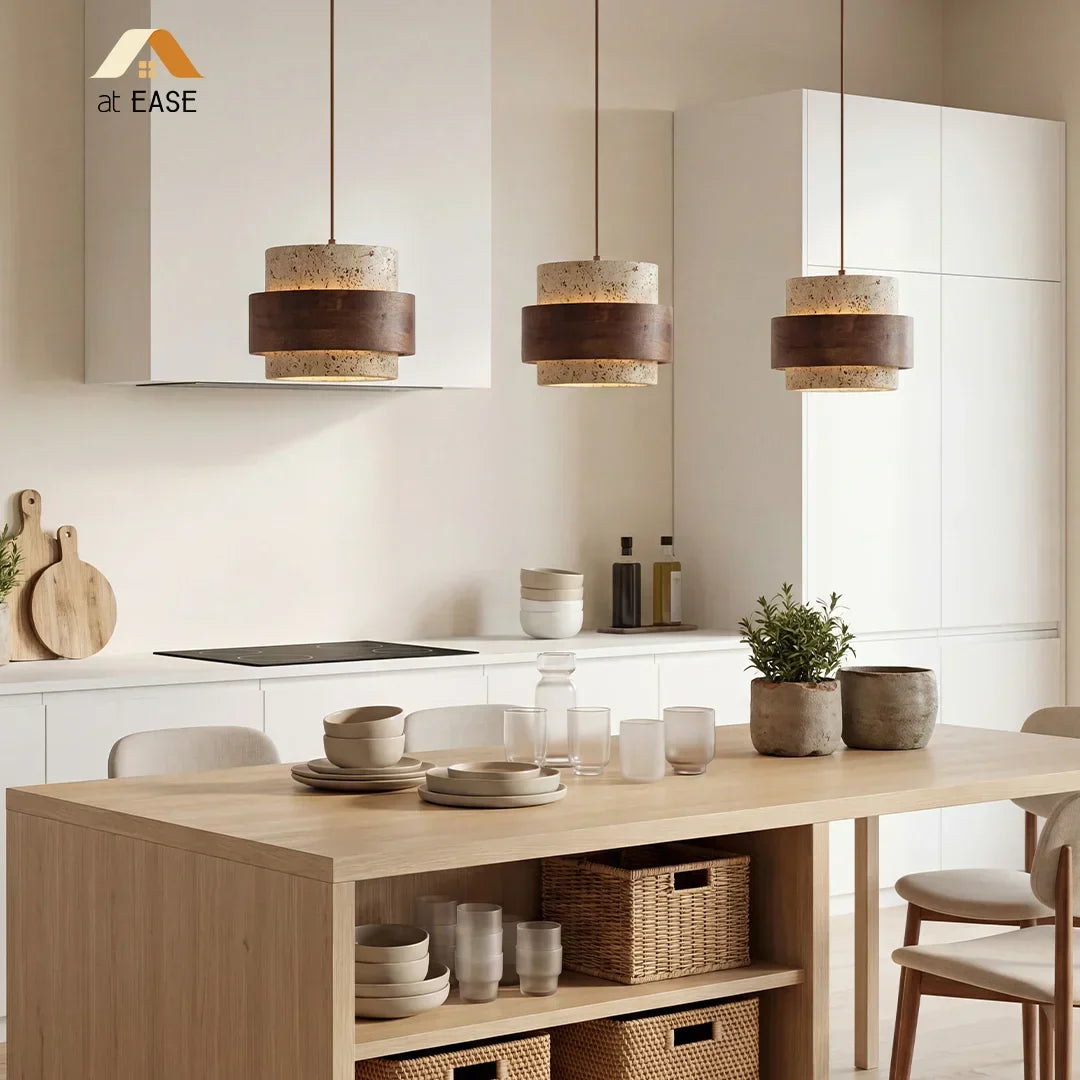Natural Stone Hanging Fixture with Walnut Accent & Adjustable 59-Inch Cord for Dining Table, Kitchen Counter & Modern Living Spaces