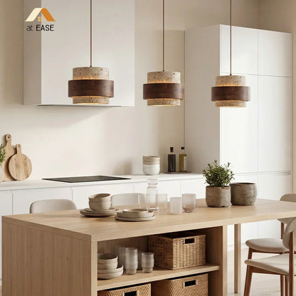 Natural Stone Hanging Fixture with Walnut Accent & Adjustable 59-Inch Cord for Dining Table, Kitchen Counter & Modern Living Spaces