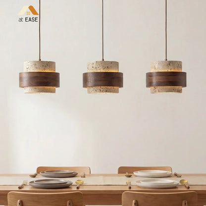 Natural Stone Hanging Fixture with Walnut Accent & Adjustable 59-Inch Cord for Dining Table, Kitchen Counter & Modern Living Spaces