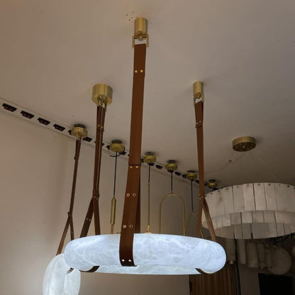 LED Ring Ceiling Fixture in Alabaster Stone – Adjustable Halo Chandelier for Open Dining Areas, Great Rooms & Hospitality – 47 in Circle Sus