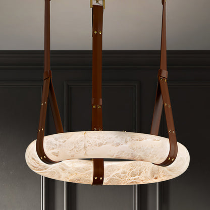 LED Ring Ceiling Fixture in Alabaster Stone – Adjustable Halo Chandelier for Open Dining Areas, Great Rooms & Hospitality – 47 in Circle Sus
