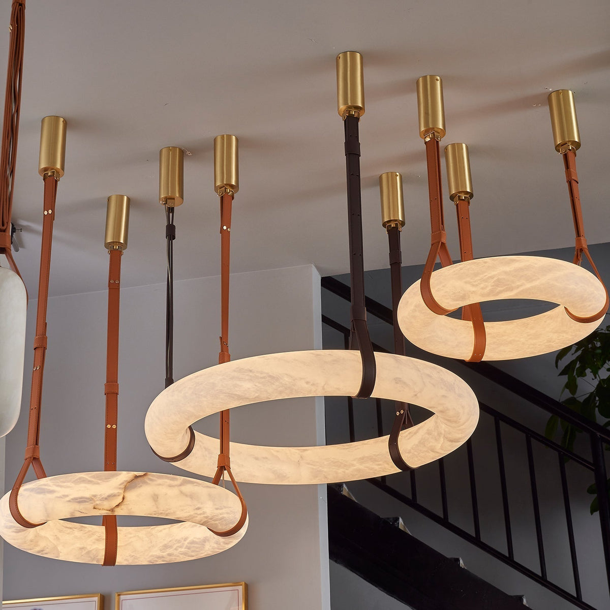 LED Ring Ceiling Fixture in Alabaster Stone – Adjustable Halo Chandelier for Open Dining Areas, Great Rooms & Hospitality – 47 in Circle Sus