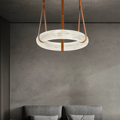 LED Ring Ceiling Fixture in Alabaster Stone – Adjustable Halo Chandelier for Open Dining Areas, Great Rooms & Hospitality – 47 in Circle Sus