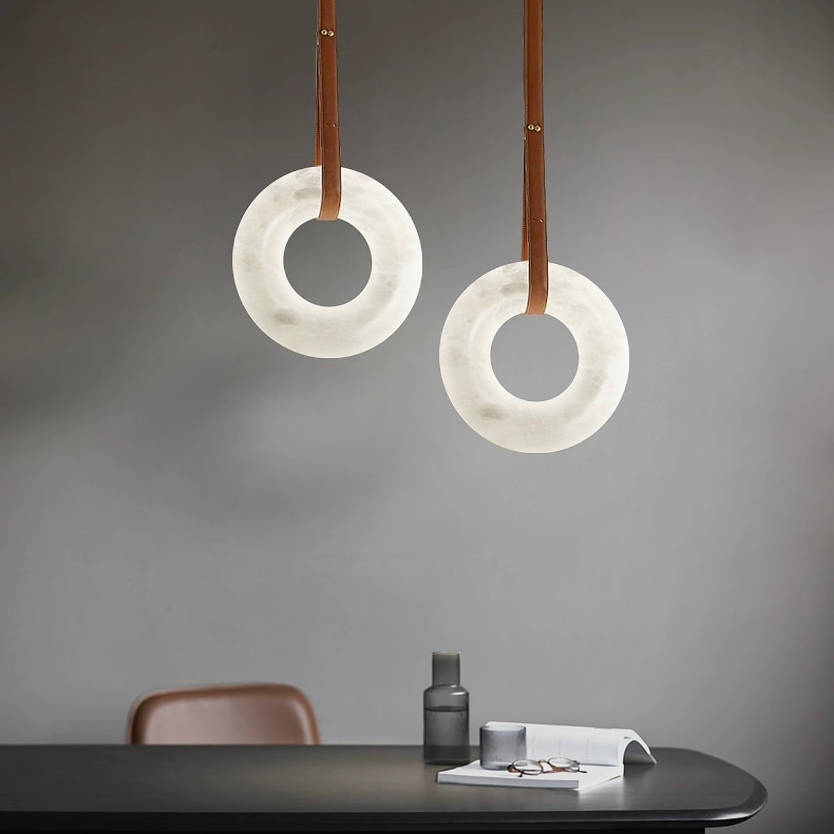 LED Ring Ceiling Fixture in Alabaster Stone – Adjustable Halo Chandelier for Open Dining Areas, Great Rooms & Hospitality – 47 in Circle Sus