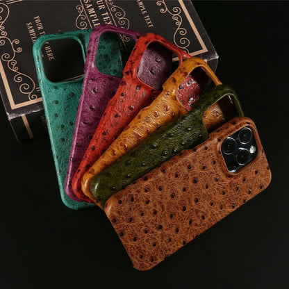 Genuine Ostrich Leather iPhone Case for 14/15/16/17 Series – Shock-Absorbing with Soft Lining & Raised Edges