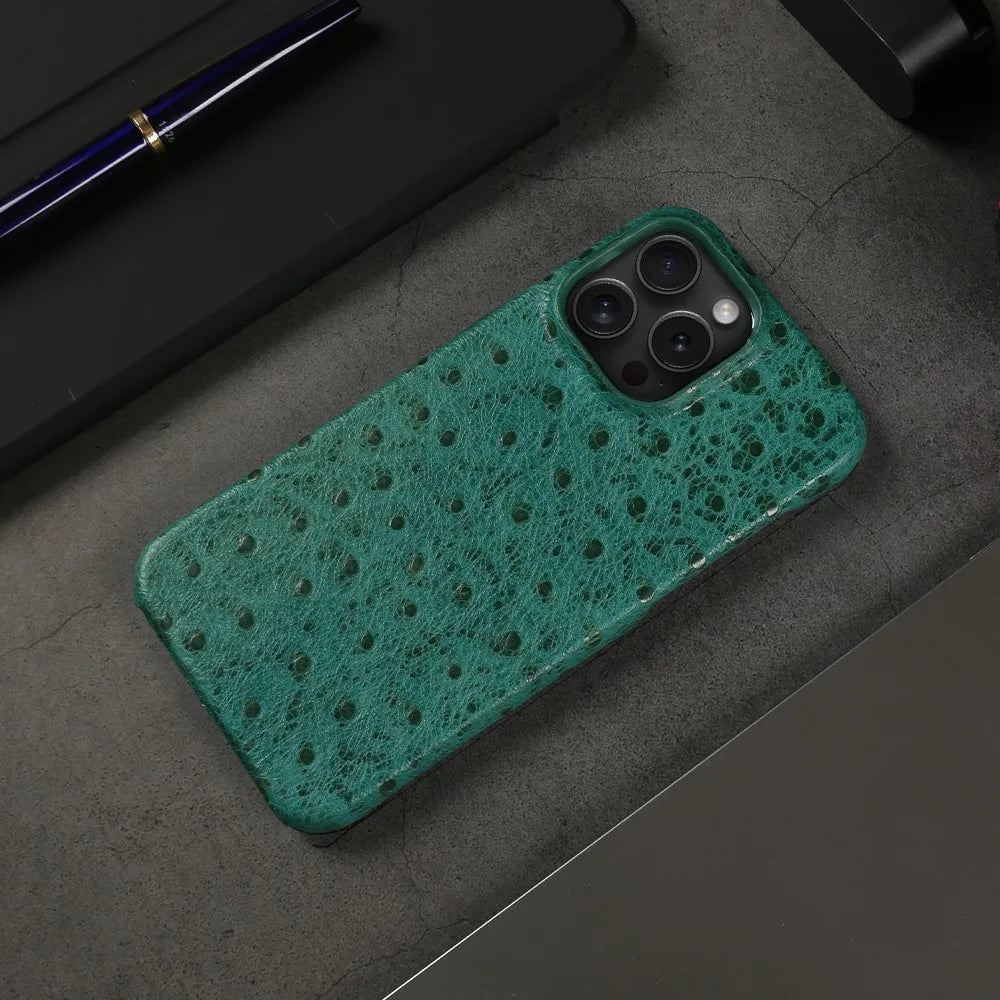 Genuine Ostrich Leather iPhone Case for 14/15/16/17 Series – Shock-Absorbing with Soft Lining & Raised Edges