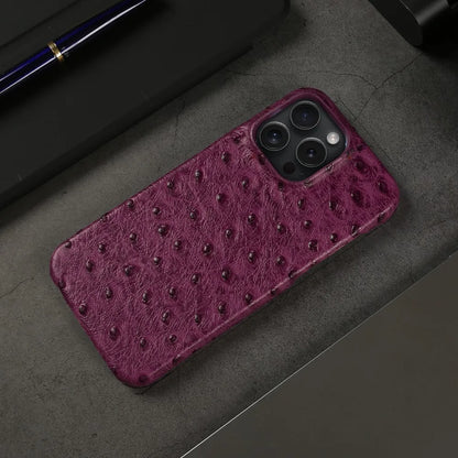 Genuine Ostrich Leather iPhone Case for 14/15/16/17 Series – Shock-Absorbing with Soft Lining & Raised Edges