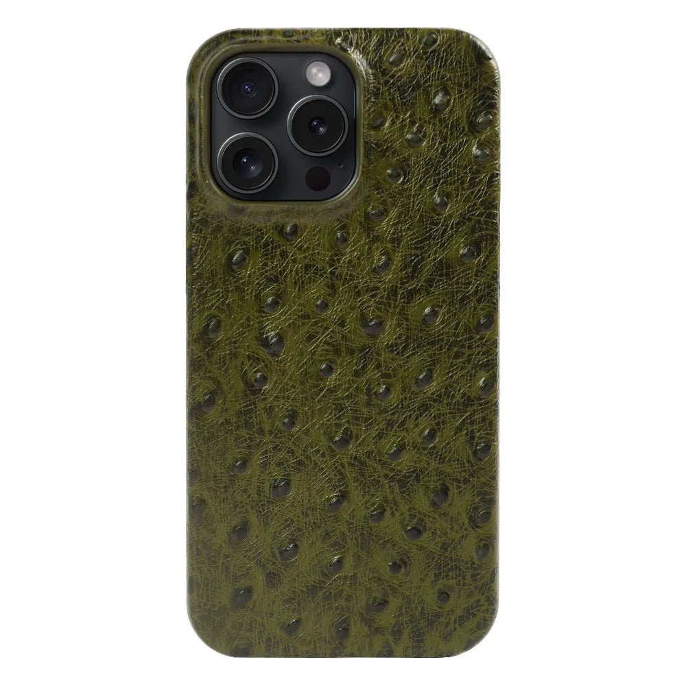 Genuine Ostrich Leather iPhone Case for 14/15/16/17 Series – Shock-Absorbing with Soft Lining & Raised Edges