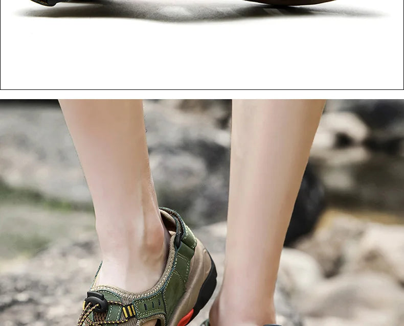 Sandalias para exteriores | Sandalias de senderismo de cuero genuino con correa elástica | Calzado casual cómodo para aventuras de verano