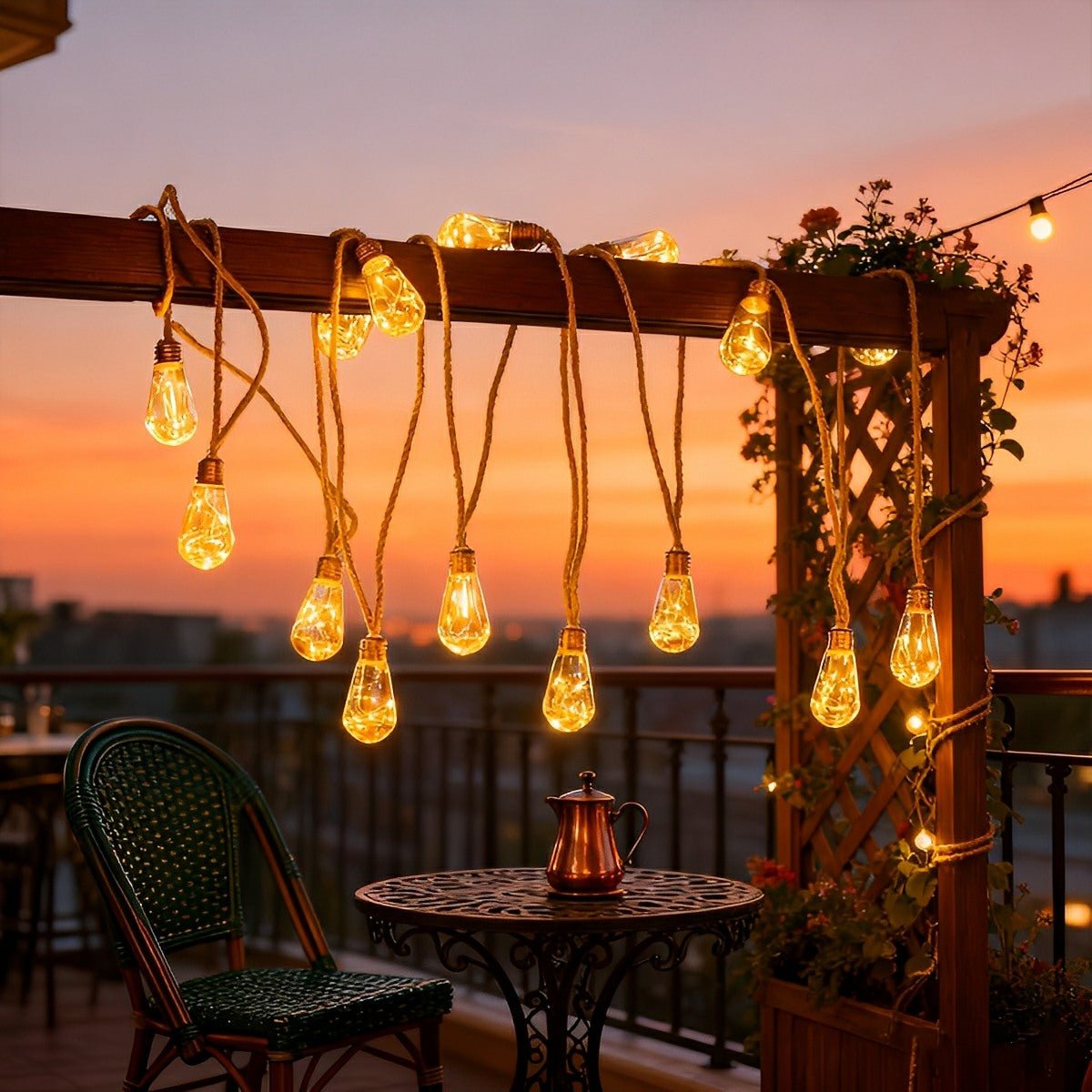 Solar String Lights with Vintage Edison Bulbs – Hemp Rope Design for Patio, Deck & Backyard – Warm White Glow