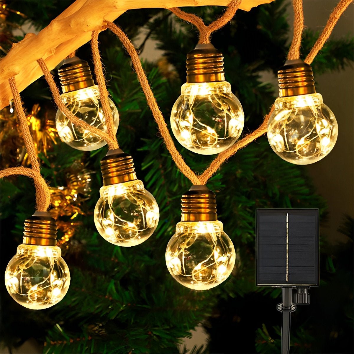 Solar String Lights with Vintage Edison Bulbs – Hemp Rope Design for Patio, Deck & Backyard – Warm White Glow