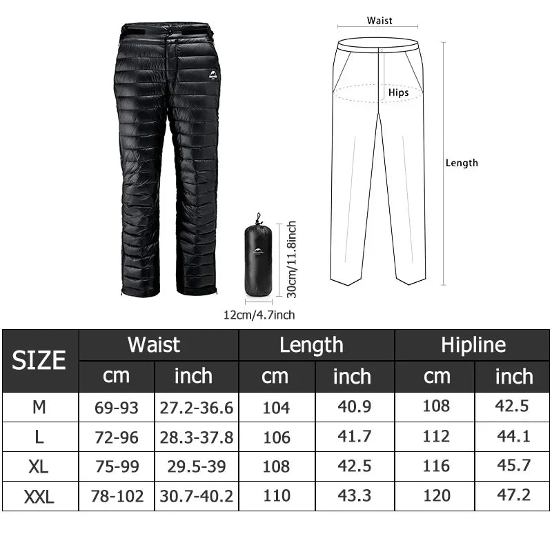 Pantalones de plumón de ganso térmicos para exterior Ortekor | Pantalones aislantes impermeables y ligeros para frío extremo