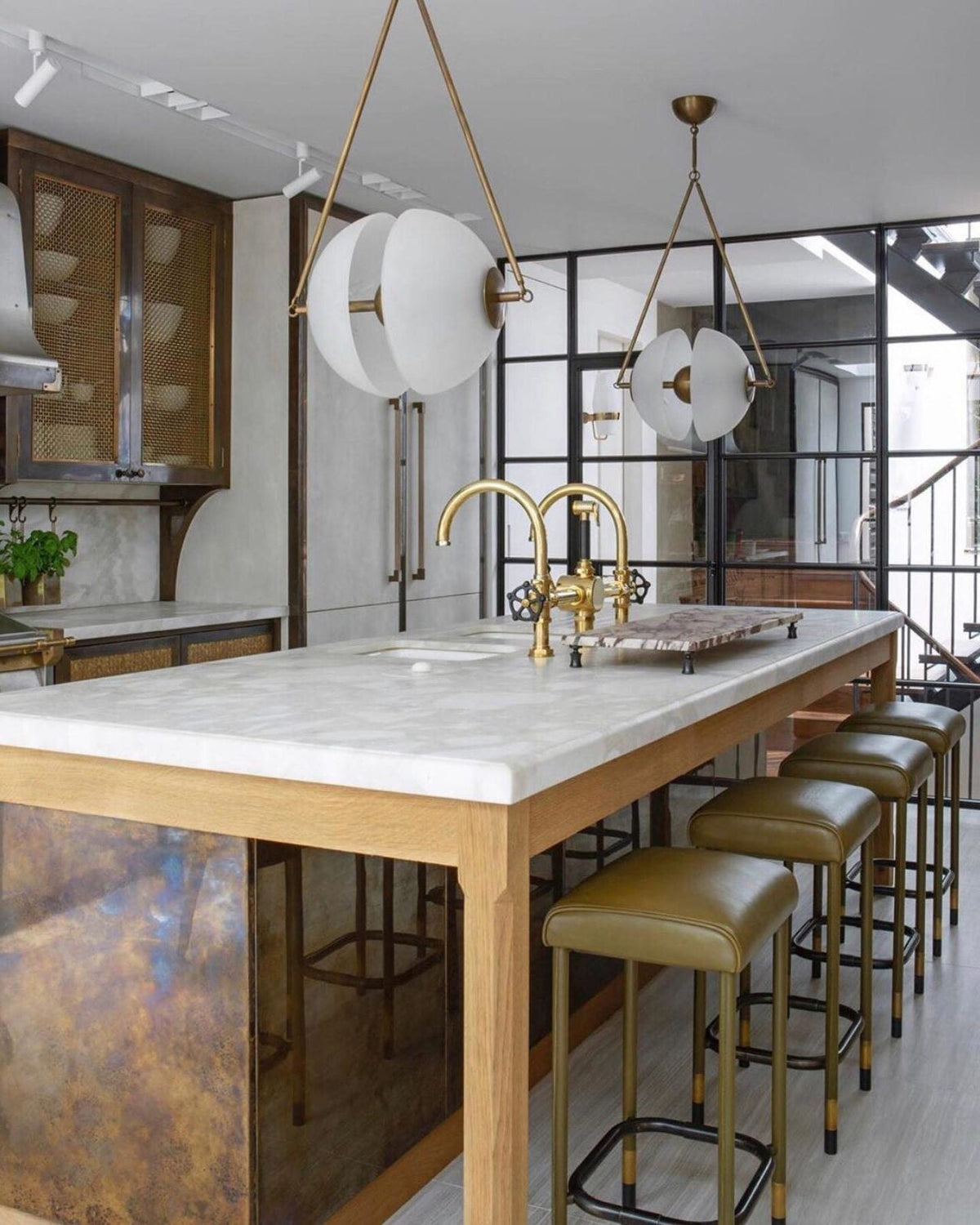 Hanging Ceiling Fixture with Frosted Glass Globes for Kitchen & Dining Room – Aged Metal Frame 16 in Wide Adjustable Cord Integrated LED for
