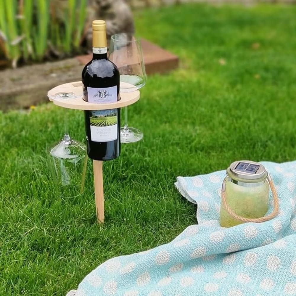 Bandeja de servicio plegable para picnic con estaca para suelo de 12×8 pulgadas, capacidad para una botella y 2 copas para césped, playa, parque, camping y reuniones al aire libre