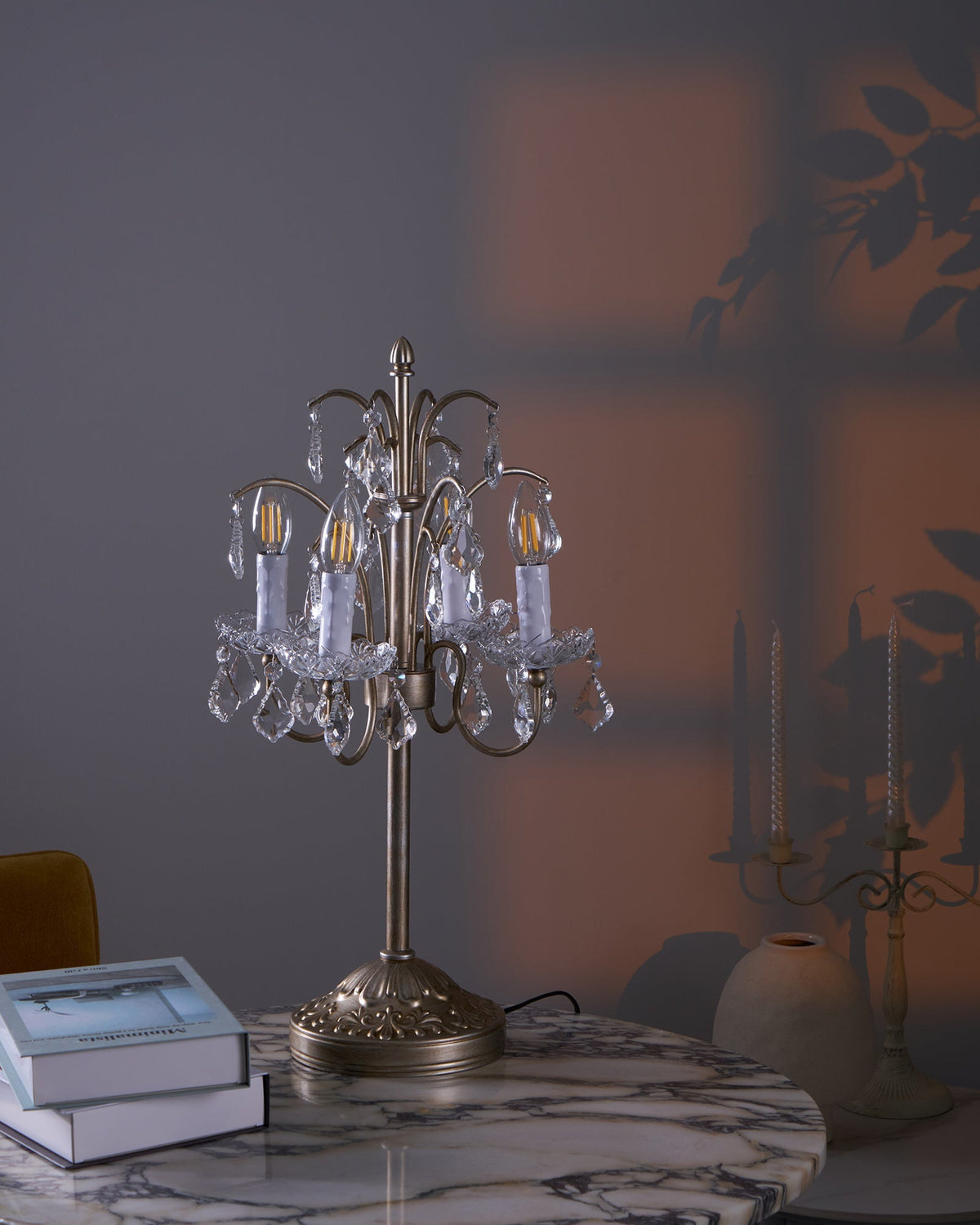 Crystal Chandelier-Style Table Lamp with Metal Frame for Bedroom & Living Room Lighting | 22 in Height Decorative Accent Light for Nightstan
