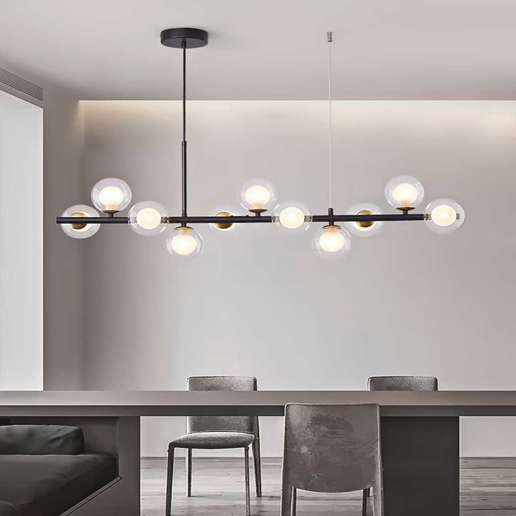 Globe Pendant Light 7-Bulb Island Chandelier Gold Metal Frame Clear Amber Smoky Glass Spheres Linear Hanging Fixture Kitchen Dining Room Tab