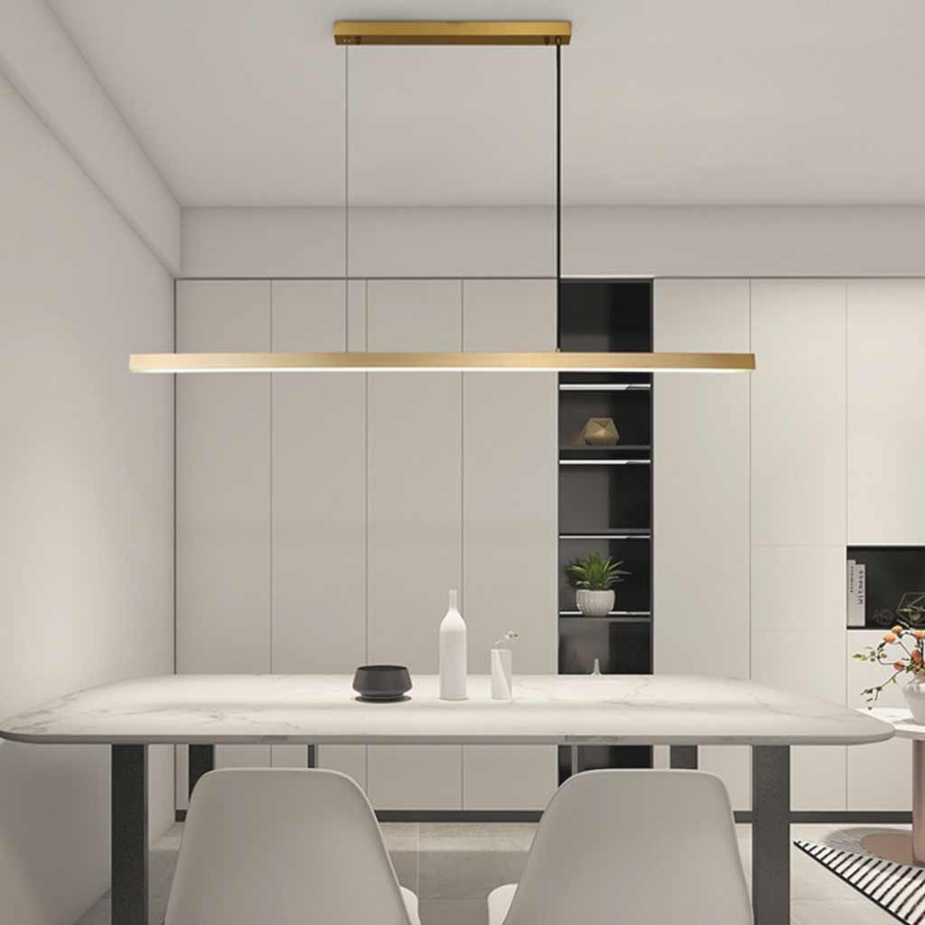 Linear LED Ceiling Fixture Brass Finish Adjustable Height Dimmable Remote Control for Kitchen Island Dining Room Table Modern Hanging Light