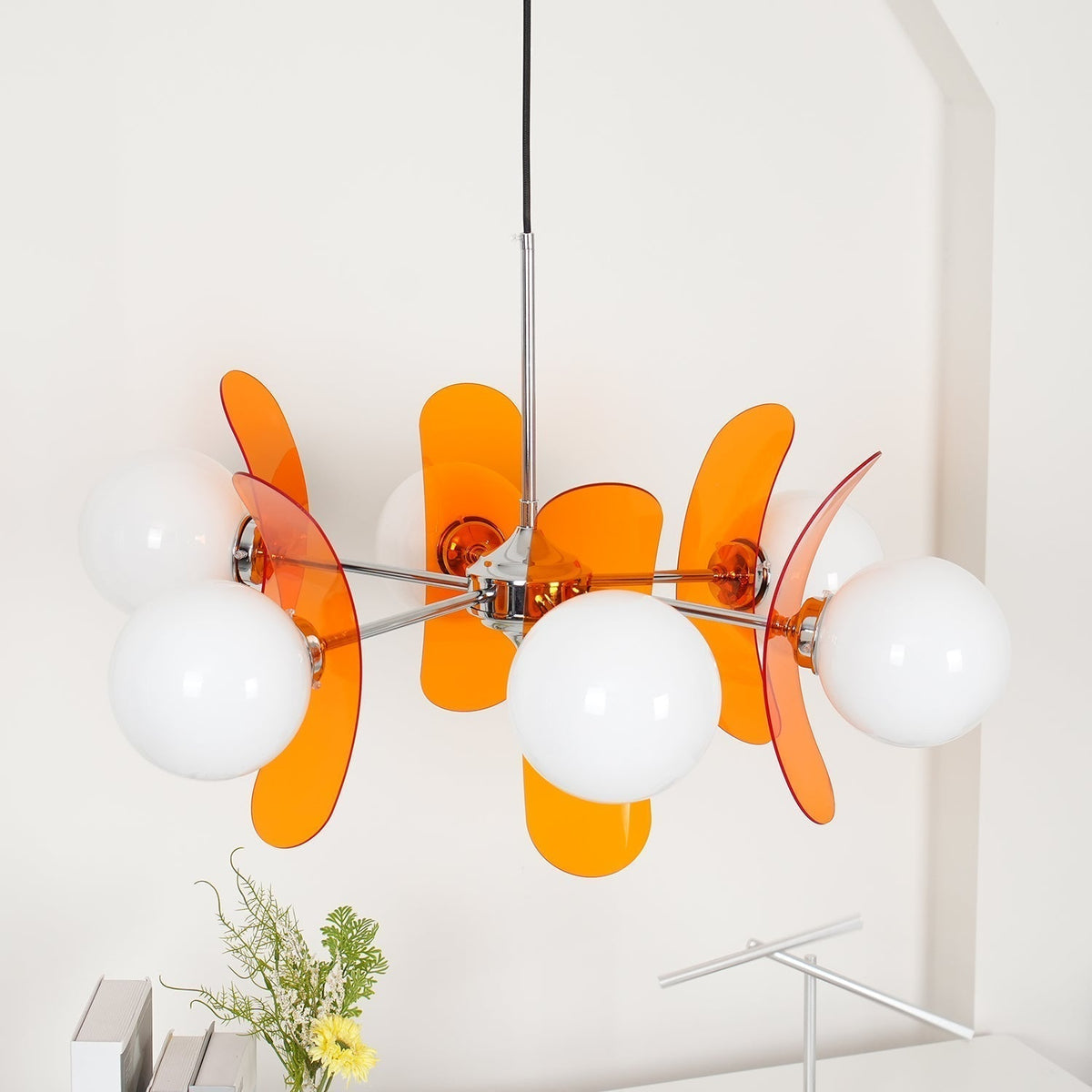 Floral Glass Pendant Light Chrome Accents Multi-Bulb Chandelier for Bedroom Office Dining Room Modern Ceiling Lighting Adjustable 59 in