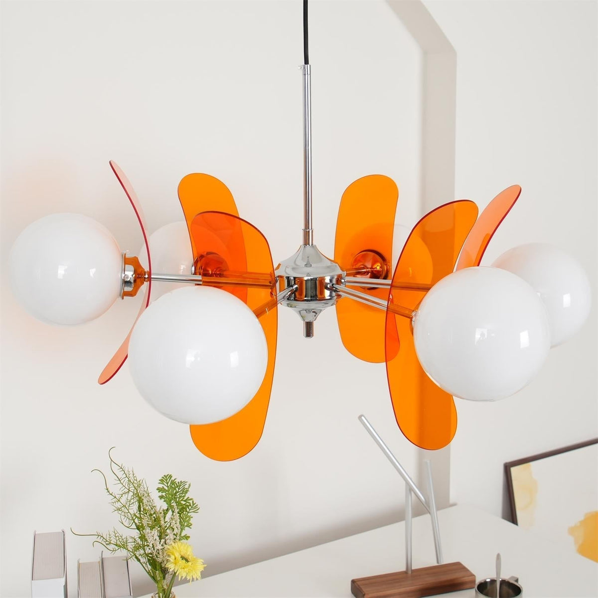Floral Glass Pendant Light Chrome Accents Multi-Bulb Chandelier for Bedroom Office Dining Room Modern Ceiling Lighting Adjustable 59 in