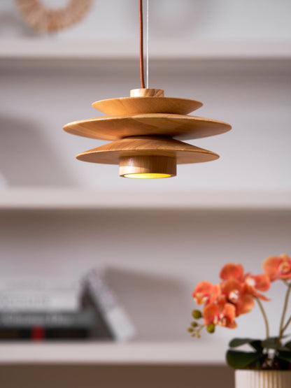 Layered Wood Ceiling Fixture 12 Inch Round Adjustable Height GU10 Socket Dimmable Hanging Lamp for Kitchen Island Table Overhead Lighting Co