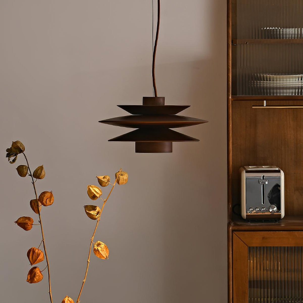 Layered Wood Ceiling Fixture 12 Inch Round Adjustable Height GU10 Socket Dimmable Hanging Lamp for Kitchen Island Table Overhead Lighting Co
