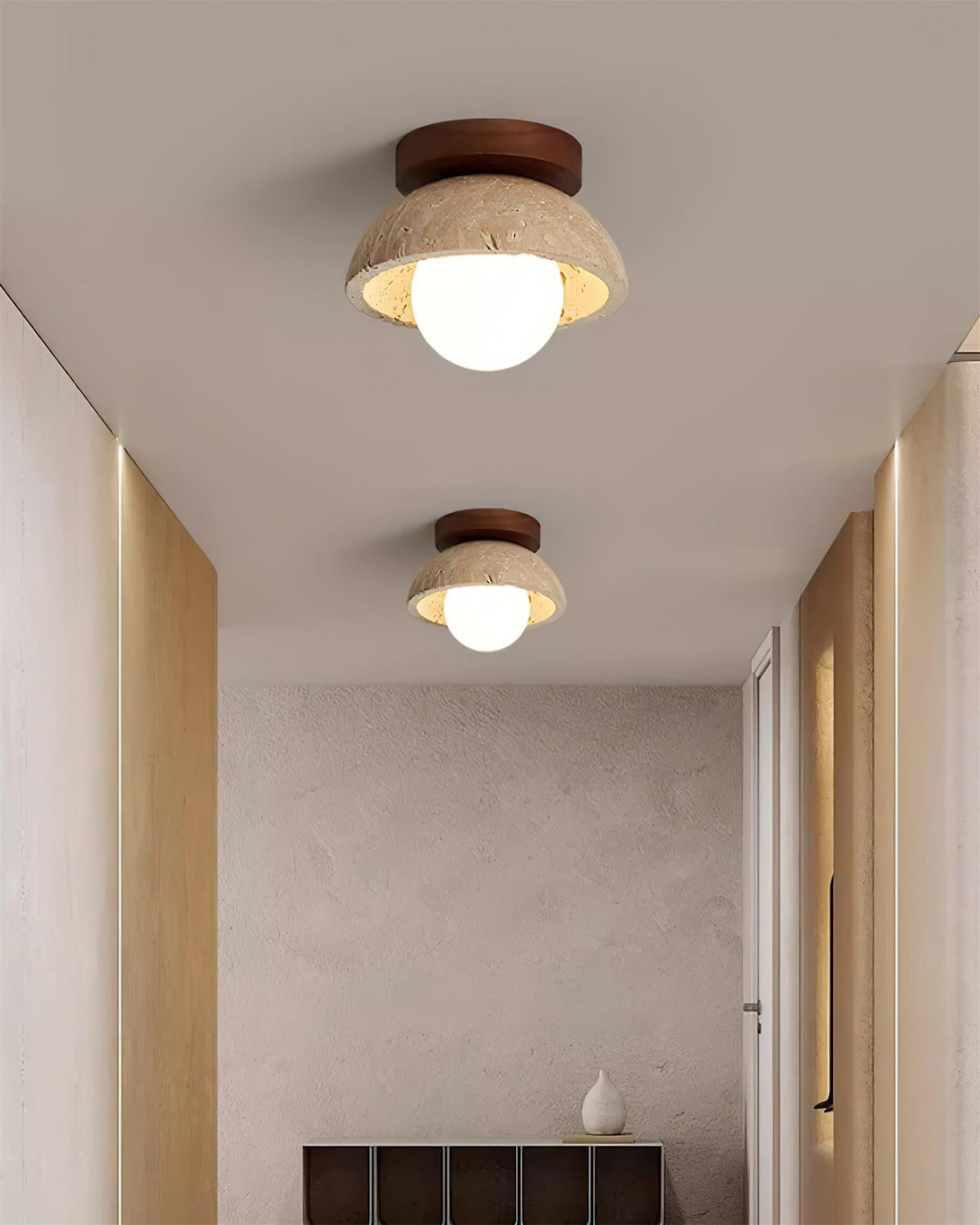 Travertine Stone Flush Mount Light 5.9 in Diameter White Natural Wood Wall or Ceiling Fixture G9 Base Opal Glass Diffuser for Bathroom Bedro