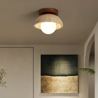 Travertine Stone Flush Mount Light 5.9 in Diameter White Natural Wood Wall or Ceiling Fixture G9 Base Opal Glass Diffuser for Bathroom Bedro