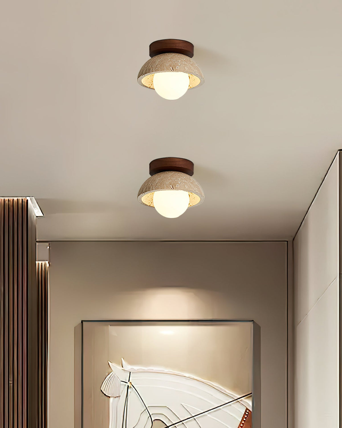 Travertine Stone Flush Mount Light 5.9 in Diameter White Natural Wood Wall or Ceiling Fixture G9 Base Opal Glass Diffuser for Bathroom Bedro