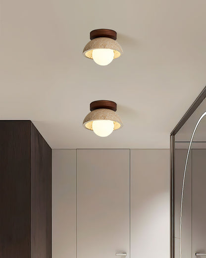 Travertine Stone Flush Mount Light 5.9 in Diameter White Natural Wood Wall or Ceiling Fixture G9 Base Opal Glass Diffuser for Bathroom Bedro