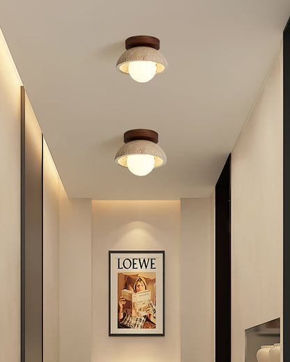 Travertine Stone Flush Mount Light 5.9 in Diameter White Natural Wood Wall or Ceiling Fixture G9 Base Opal Glass Diffuser for Bathroom Bedro
