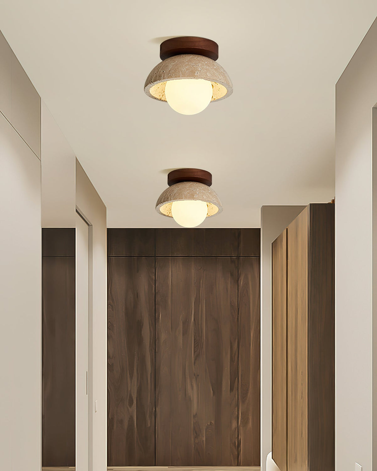 Travertine Stone Flush Mount Light 5.9 in Diameter White Natural Wood Wall or Ceiling Fixture G9 Base Opal Glass Diffuser for Bathroom Bedro