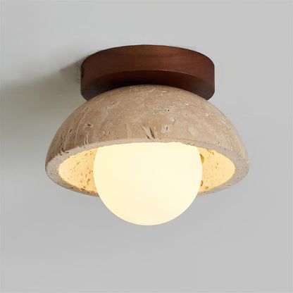 Travertine Stone Flush Mount Light 5.9 in Diameter White Natural Wood Wall or Ceiling Fixture G9 Base Opal Glass Diffuser for Bathroom Bedro