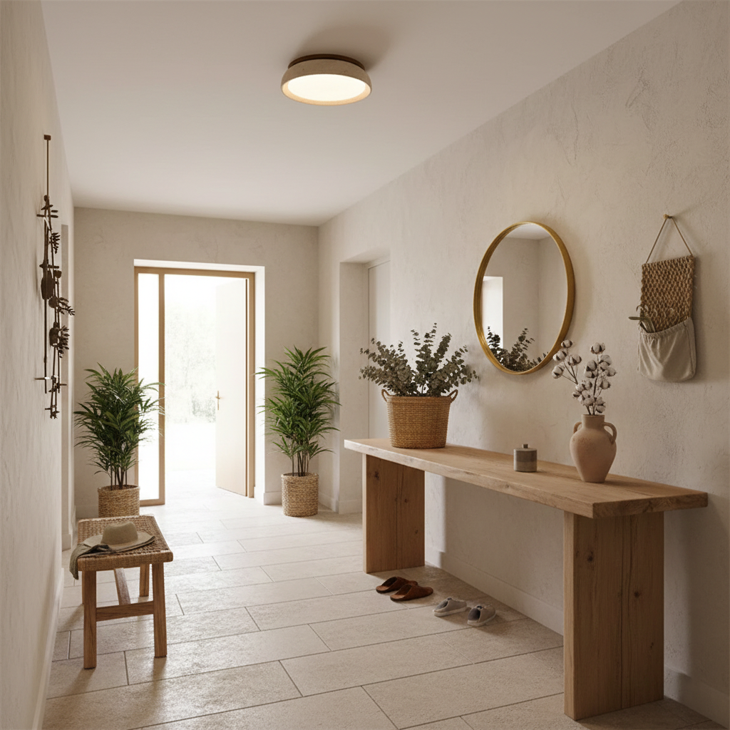 Stone Flush Mount Light Fixture 12 Inch Natural Travertine LED Overhead for Bedroom Hallway Bathroom Minimalist Round Warm Glow Wall or Ceil