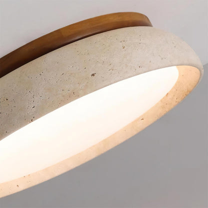 Travertine Stone Flush Mount Ceiling Light with Wood Accents for Kitchen, Bedroom, Living Room | Modern Round LED Fixture