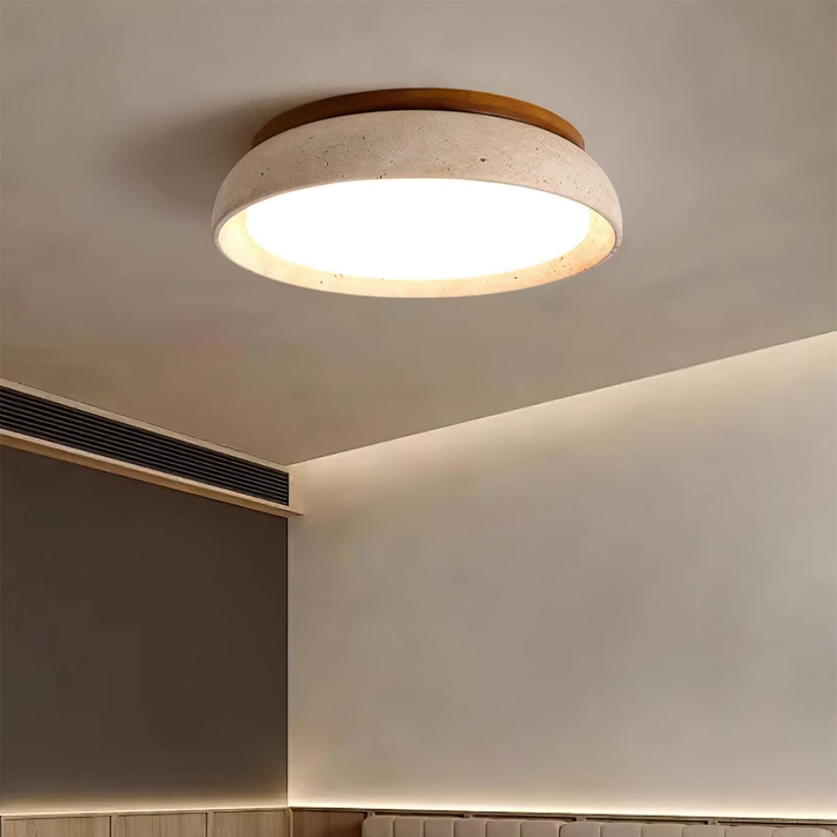 Travertine Stone Flush Mount Ceiling Light with Wood Accents for Kitchen, Bedroom, Living Room | Modern Round LED Fixture