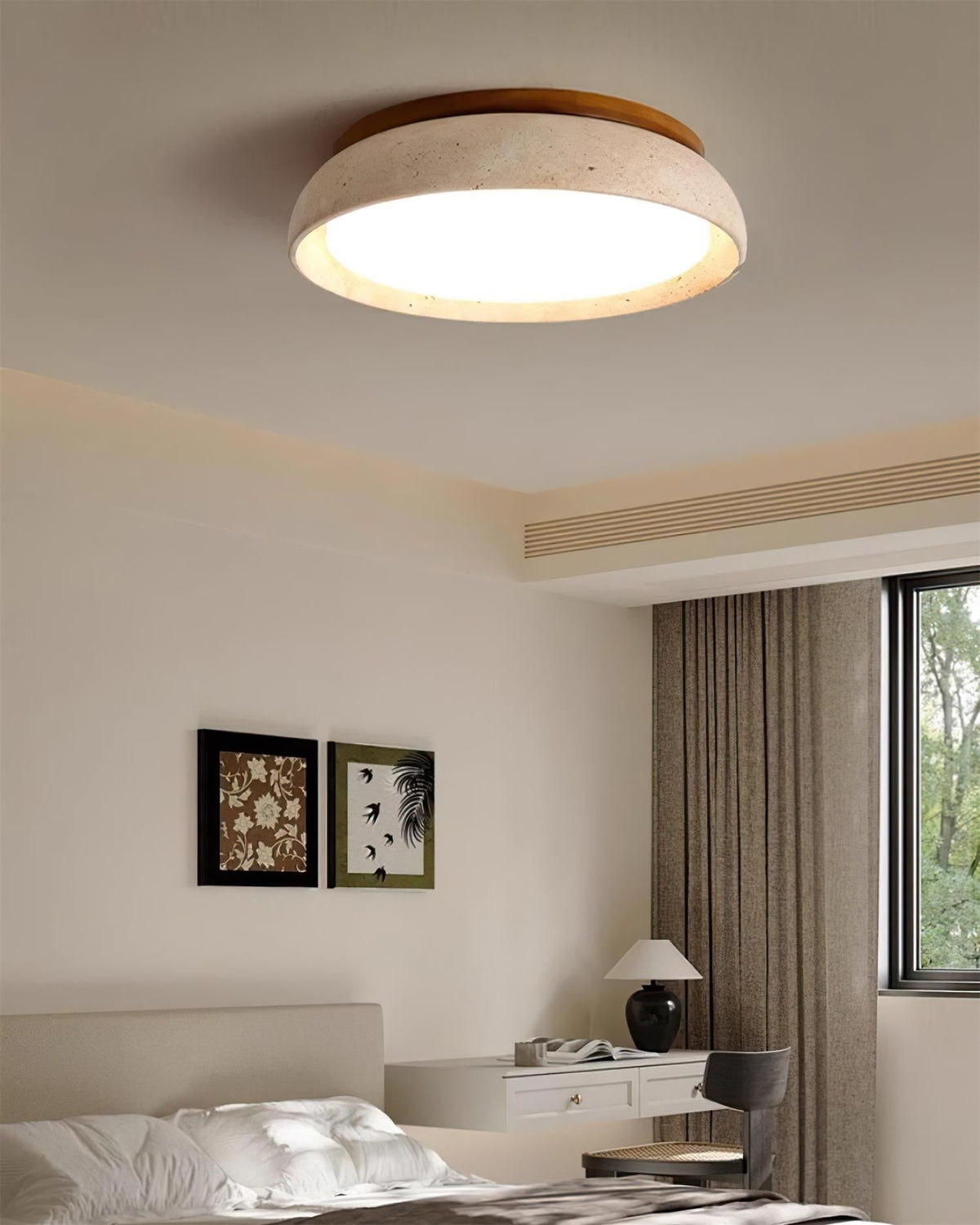 Stone Flush Mount Light Fixture 12 Inch Natural Travertine LED Overhead for Bedroom Hallway Bathroom Minimalist Round Warm Glow Wall or Ceil