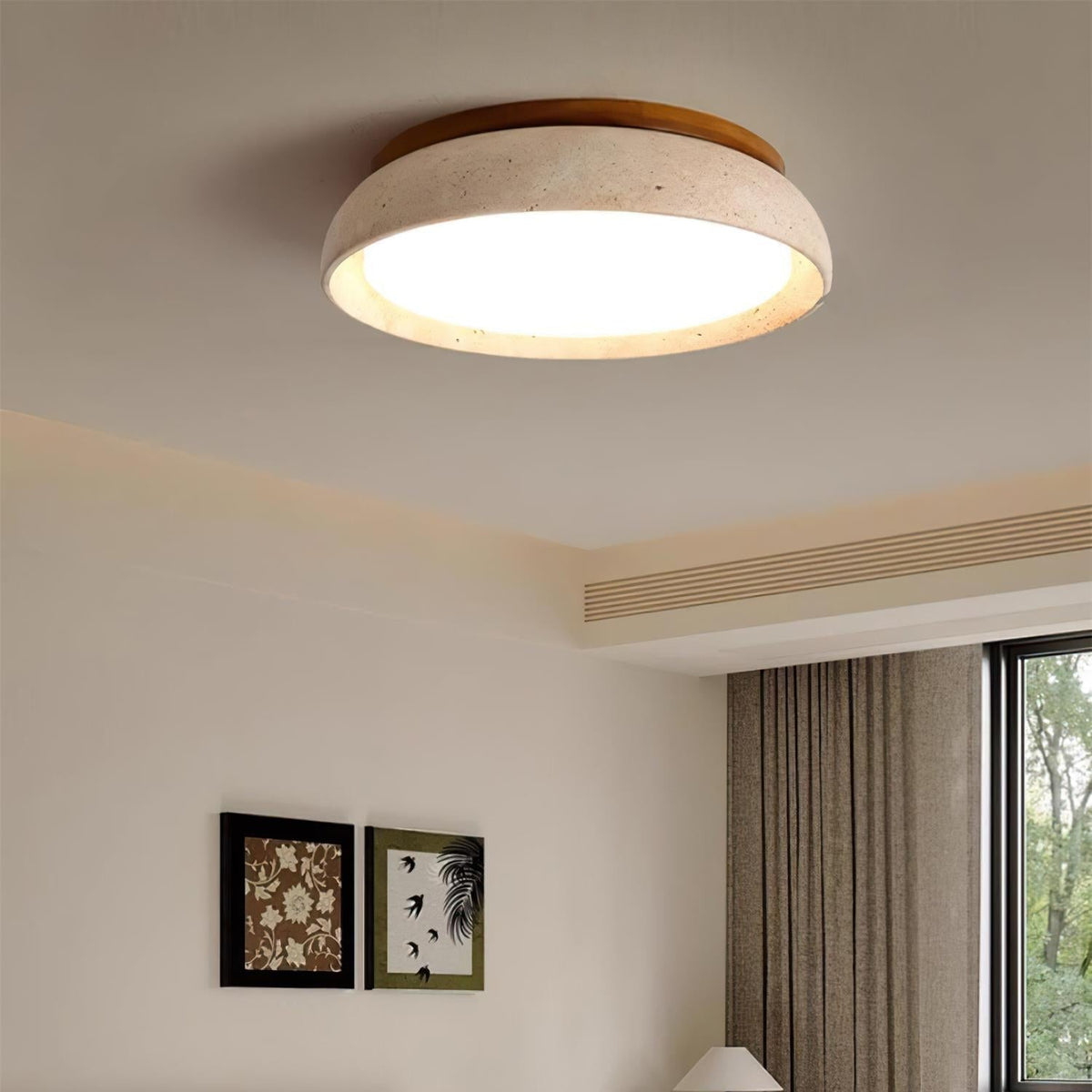 Travertine Stone Flush Mount Ceiling Light with Wood Accents for Kitchen, Bedroom, Living Room | Modern Round LED Fixture
