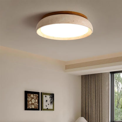 Travertine Stone Flush Mount Ceiling Light with Wood Accents for Kitchen, Bedroom, Living Room | Modern Round LED Fixture