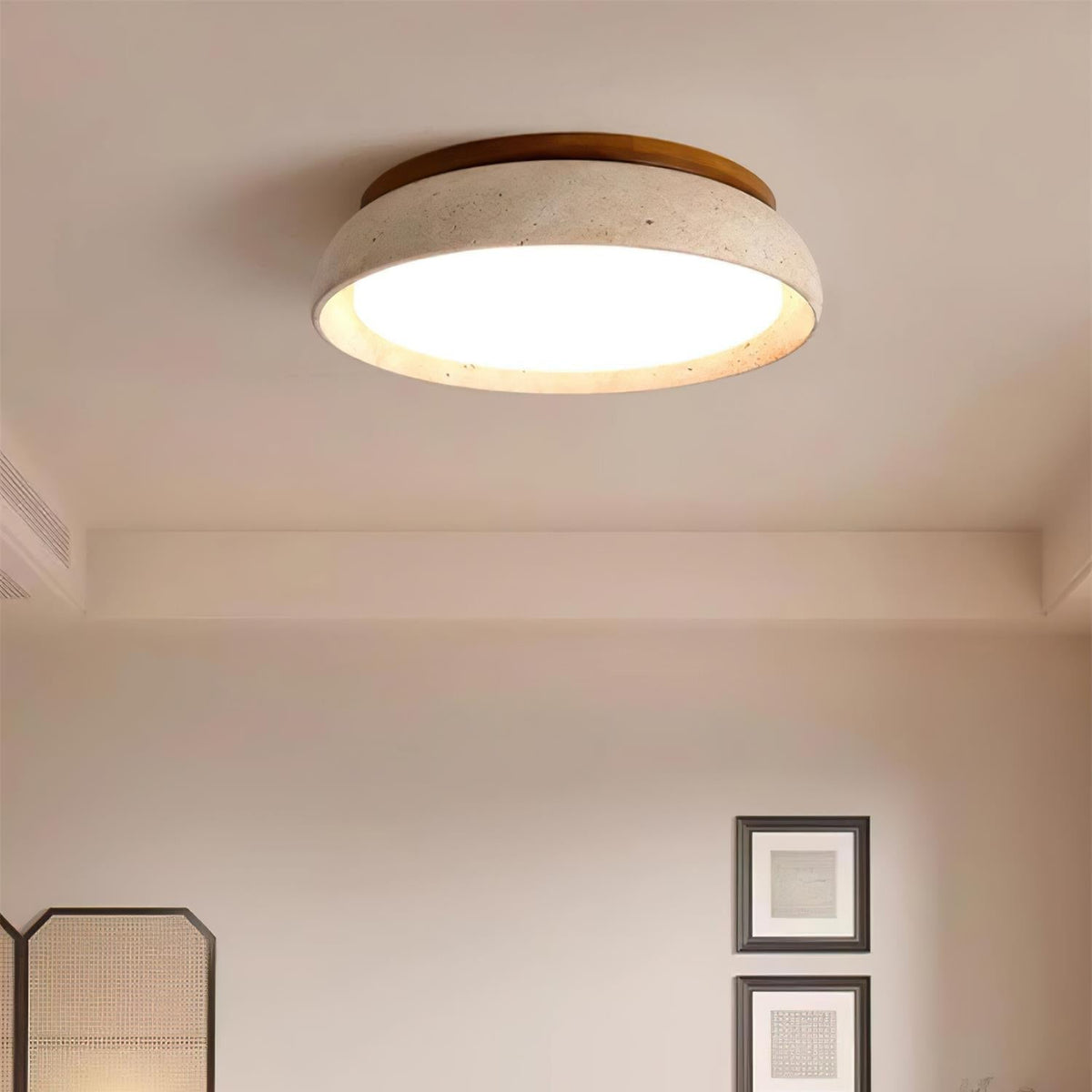 Travertine Stone Flush Mount Ceiling Light with Wood Accents for Kitchen, Bedroom, Living Room | Modern Round LED Fixture