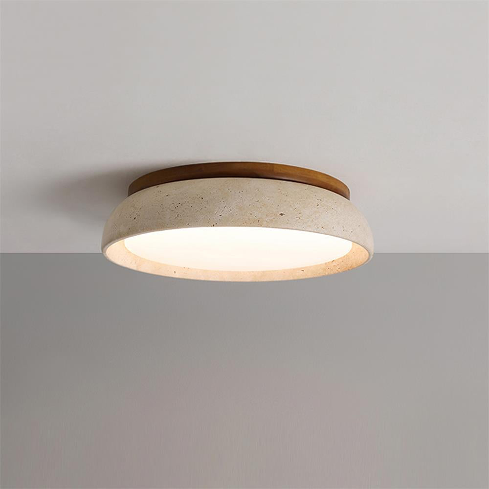 Natural Stone Flush Mount Ceiling Light – Travertine & Wood – 12 to 22 Inch – Warm White LED – for Bedroom, Living Room & Dining Room
