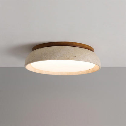 Natural Stone Flush Mount Ceiling Light – Travertine & Wood – 12 to 22 Inch – Warm White LED – for Bedroom, Living Room & Dining Room