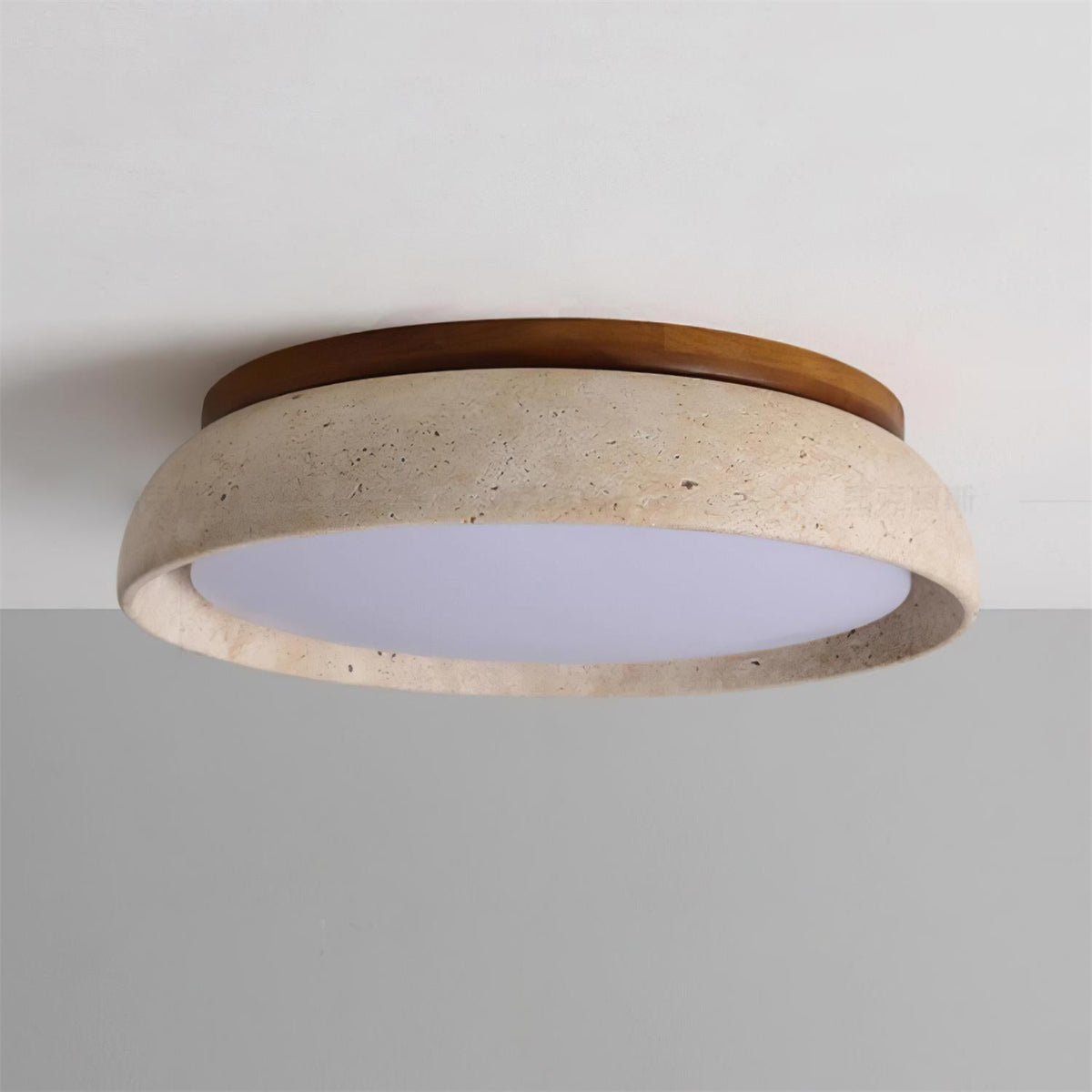 Natural Stone Flush Mount Ceiling Light – Travertine & Wood – 12 to 22 Inch – Warm White LED – for Bedroom, Living Room & Dining Room