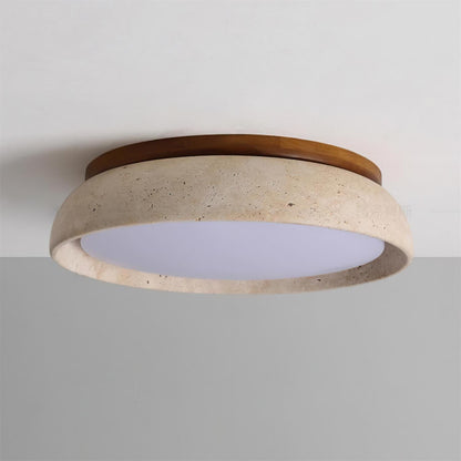 Natural Stone Flush Mount Ceiling Light – Travertine & Wood – 12 to 22 Inch – Warm White LED – for Bedroom, Living Room & Dining Room
