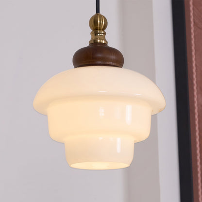 Glass Shade Hanging Lamp 6.3 Inch with Wood Accent for Kitchen Island Dining Table Overhead Fixture E26 Socket Adjustable Cord Dimmable Comp