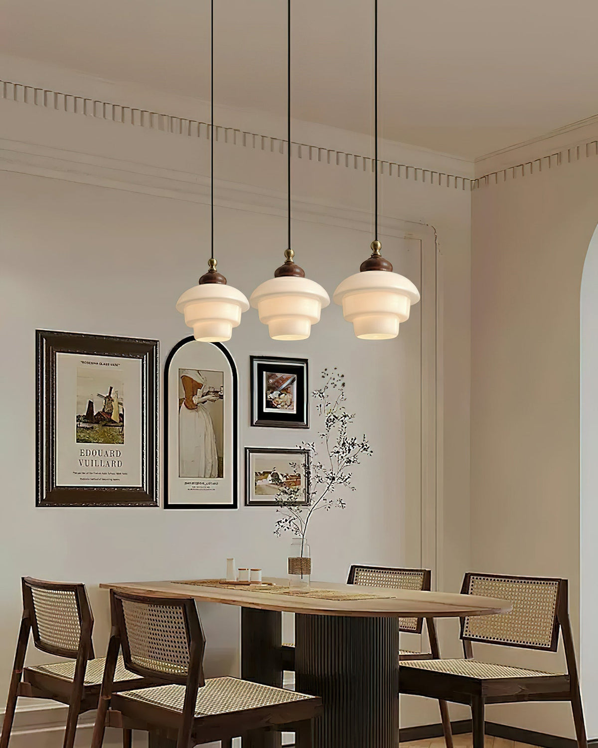 Glass Shade Hanging Lamp 6.3 Inch with Wood Accent for Kitchen Island Dining Table Overhead Fixture E26 Socket Adjustable Cord Dimmable Comp