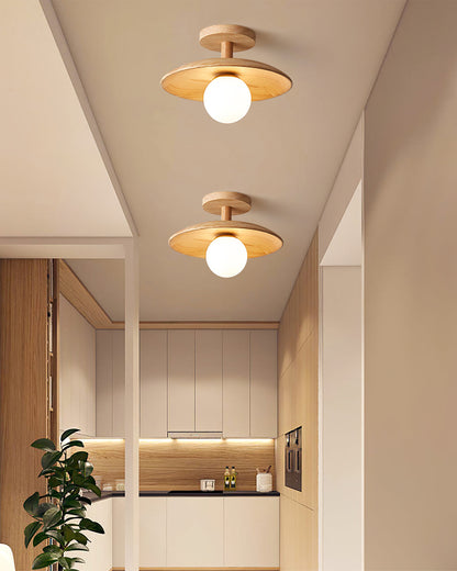 Flush Mount Ceiling Light Fixture with Natural Wood Base & Frosted Glass Shade for Hallways Bedrooms Living Rooms | Modern Farmhouse Style L