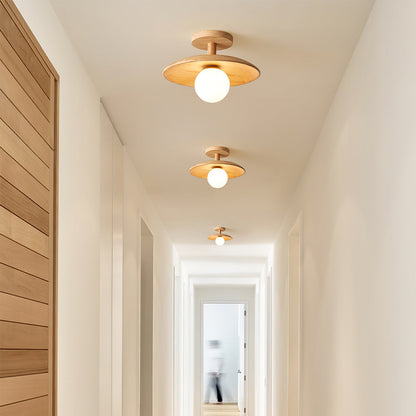 Flush Mount Ceiling Light Fixture with Natural Wood Base & Frosted Glass Shade for Hallways Bedrooms Living Rooms | Modern Farmhouse Style L