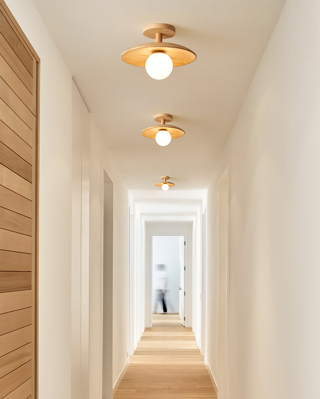 Flush Mount Ceiling Light Fixture with Natural Wood Base & Frosted Glass Shade for Hallways Bedrooms Living Rooms | Modern Farmhouse Style L