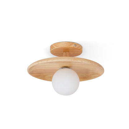 Flush Mount Ceiling Light Fixture with Natural Wood Base & Frosted Glass Shade for Hallways Bedrooms Living Rooms | Modern Farmhouse Style L